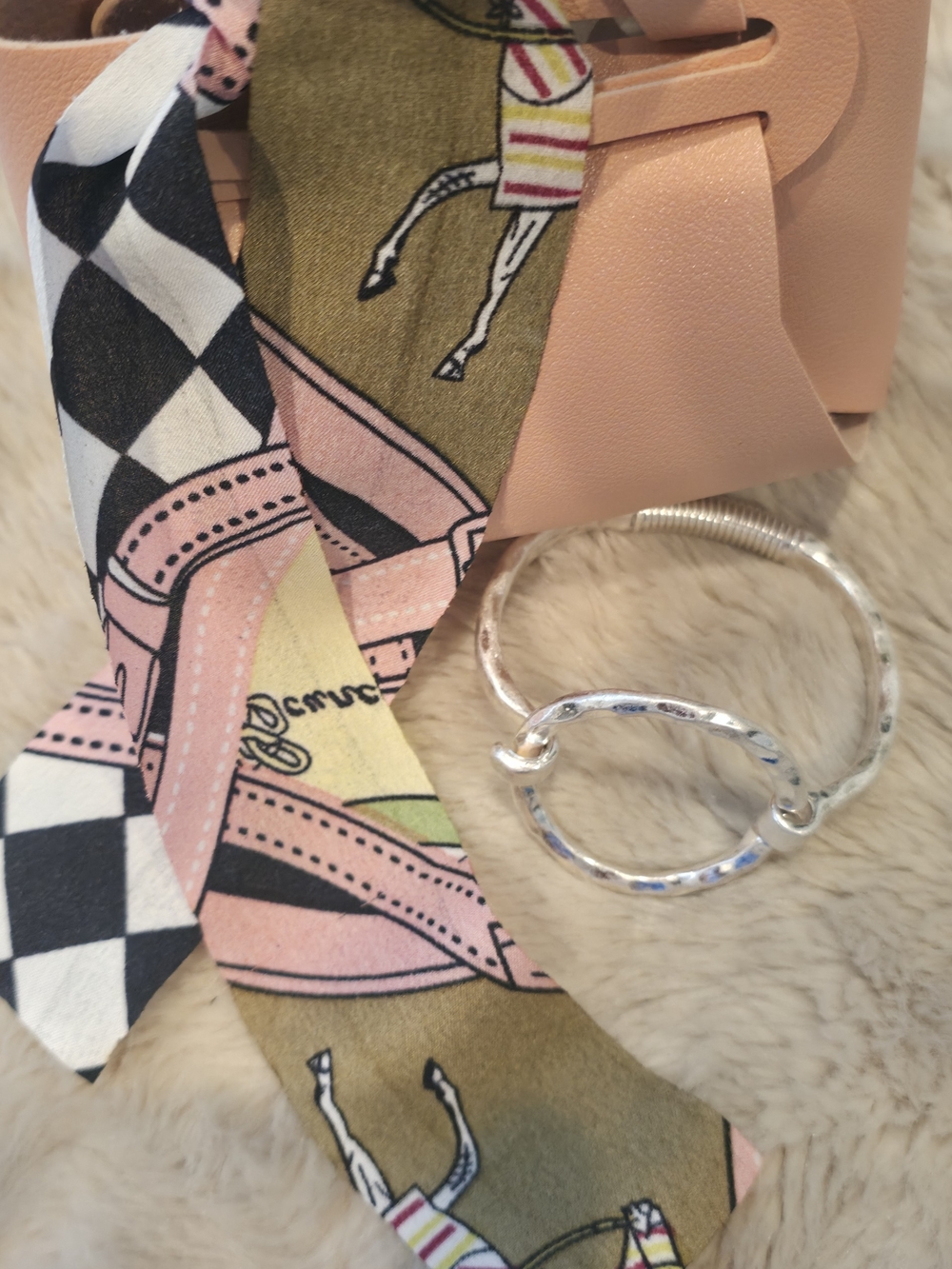Pink Leather Wristlet Scarf with Silver Bracelet